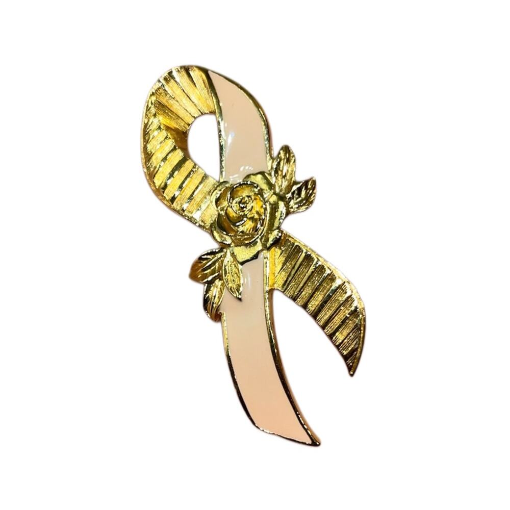 Vintage Avon Pin/Brooch - Gold & Pale Pink Ribbon Rose Detail - Approx. 2" -EUC